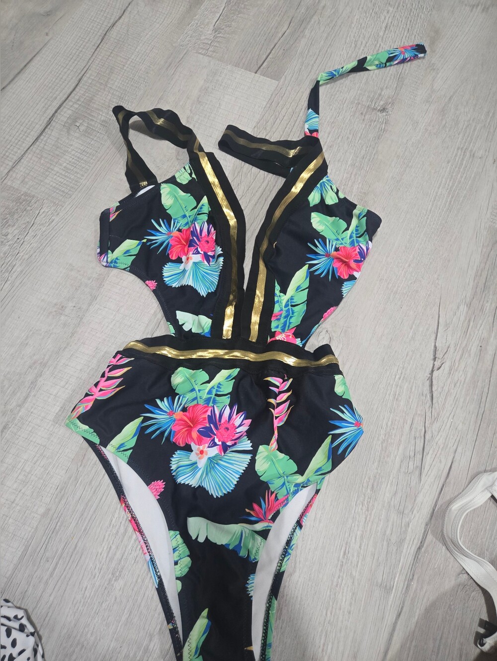 Tropical Black One-Piece Swimsuit with Gold Trim